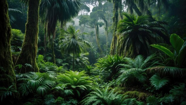 Dense rainforest featuring nikau palms, ferns, and moss-laden beeches