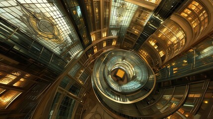 Obraz premium Swirling city atrium; interior architecture, overhead view