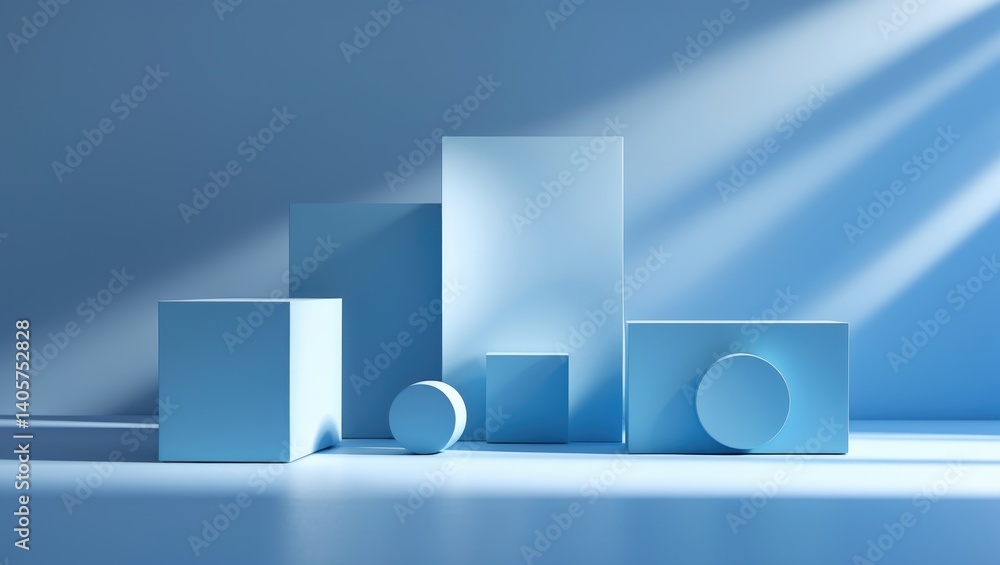 Poster mockup featuring empty podiums against a blue background with shadows and light.