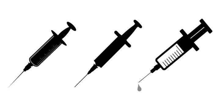 set of syringe injection silhouette, black and white silhouette, vector and illustration, A silhouette of a syringe filled with medicine, poised to be used, outlined in black, syring silhouette set.