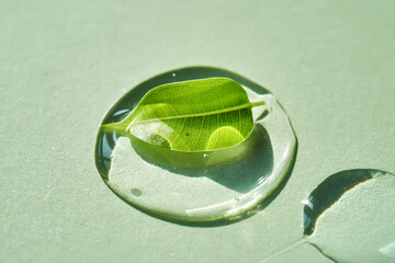 Drop of face serum with green leaf on green background.