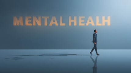 Fototapeta premium Adult Man Walking Towards the Words Mental Health in a Calm and Inspirational Setting