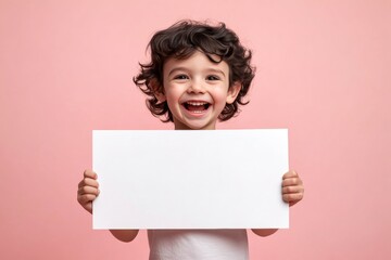 Isolated happy laughter boy with black hair on a pink background. Young model smile. Cute child pose. Boy for website. &ETH;&iexcl;ute happy laughter child boy hold a concept - large white alley sign.