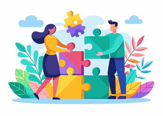 Illustration of a man and woman assembling a puzzle together with decorative plants and clouds around them