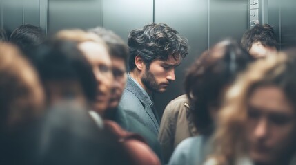 Anxious Man Feeling Uncomfortable in a Crowded Elevator Surrounded by Other Passengers