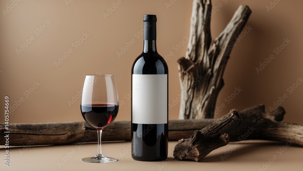 Poster red wine bottle and glass with an empty label. weathered snag in the background. frontal view with s