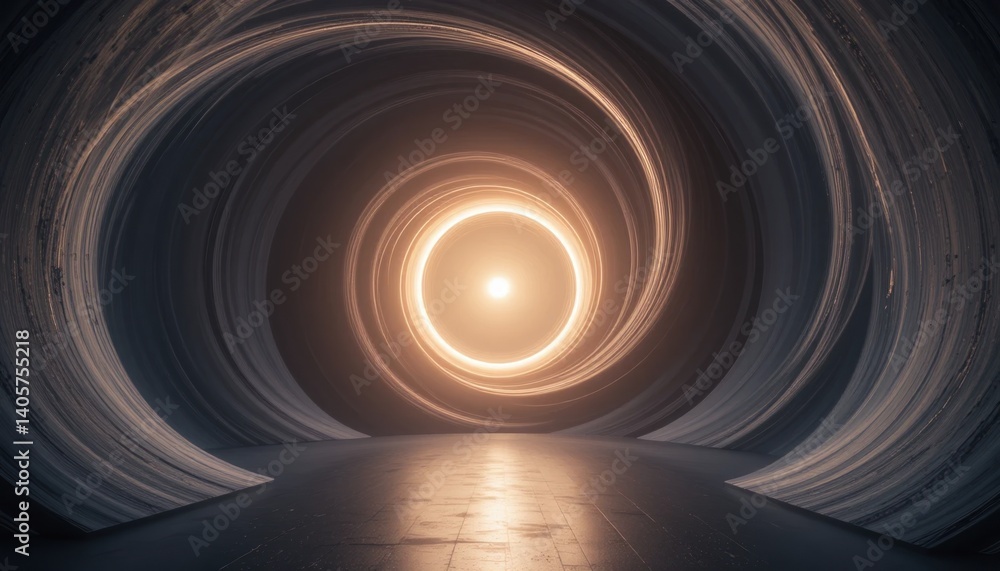 Poster illuminating spiral tunnel journey futuristic setting digital artwork surreal environment wide angle