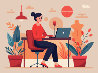 Illustration of a woman working on a laptop at a desk with plants and a lamp in a cozy environment