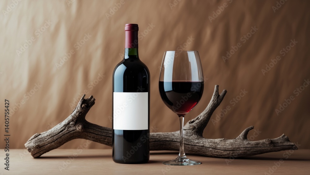Poster bottle and glass of red wine featuring an empty label. background includes a weathered snag. front v