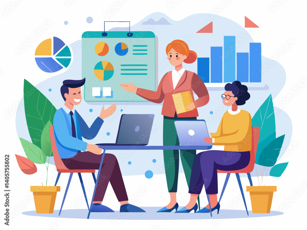 Aufkleber business presentation with charts and graphs showing a team working in a meeting room setting scene