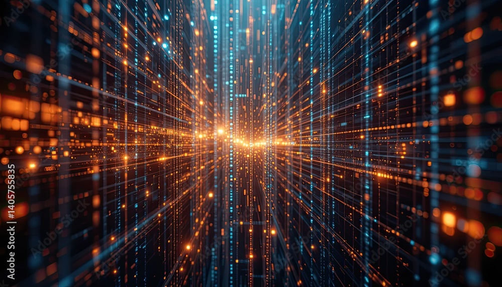 Poster abstract digital data network visualization with orange and blue glowing lines and particles in dark