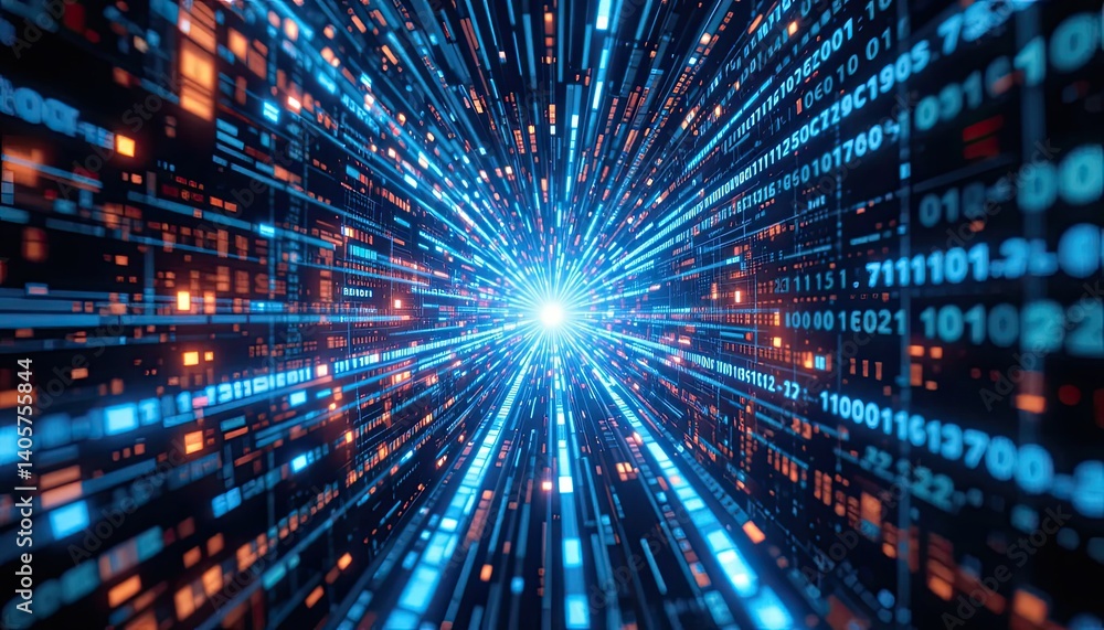 Poster abstract digital data stream tunnel with glowing blue and orange lines