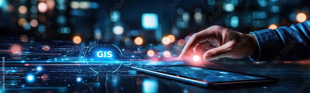 Poster hand interacting tablet displaying gis technology futuristic interface