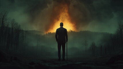 Fototapeta premium Solitary Observer: A solitary figure stands silhouetted against a backdrop of an erupting blaze, their form emphasized by the stark contrast, embodying resilience and solitude.