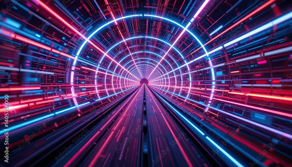 Poster abstract futuristic tunnel with glowing neon lights and dynamic data streams