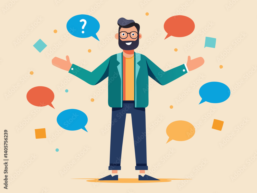 Poster man with beard and glasses standing with open arms surrounded by speech bubbles and geometric shapes