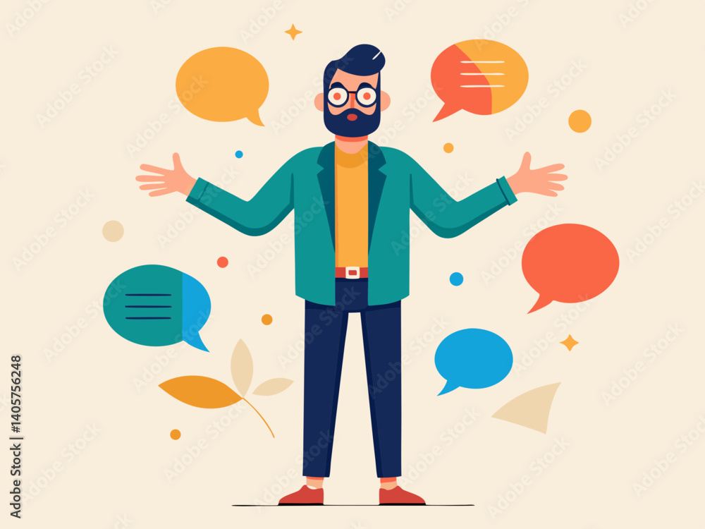 Poster man with beard and glasses standing surrounded by speech bubbles in a colorful illustration style