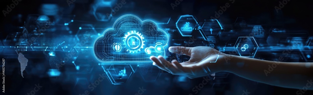 Poster hand presenting digital cloud network and hexagon icons with global connection