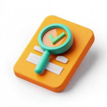 A 3D icon representing a form being verified. A magnifying glass with a checkmark, signifying a successful review