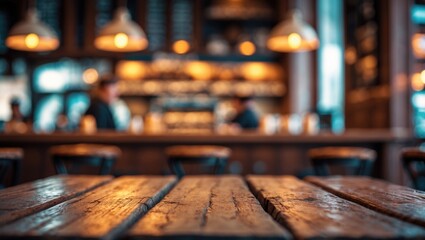 Dark brown desk area with a blurred bar background