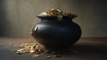 A dark, ceramic pot overflowing with golden coins.
