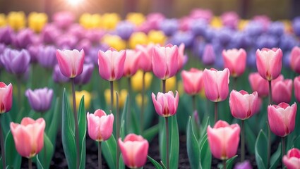 Obraz premium Brightly Colored Tulips in Bloom. Detailed shot of charming pink tulip flowers blossoming in the garden, basking in soft morning sunlight with a blurred background.