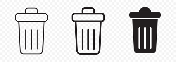Bin icon vector set in black flat and line stroke style on Transparent Background. EPS 10.