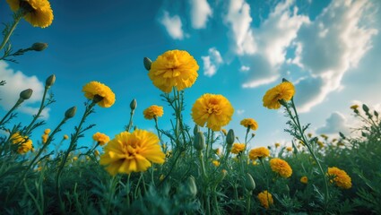 Obraz premium Vibrant yellow marigold blossoms fully open against a blue sky, close-up view of marigold flowers in a field
