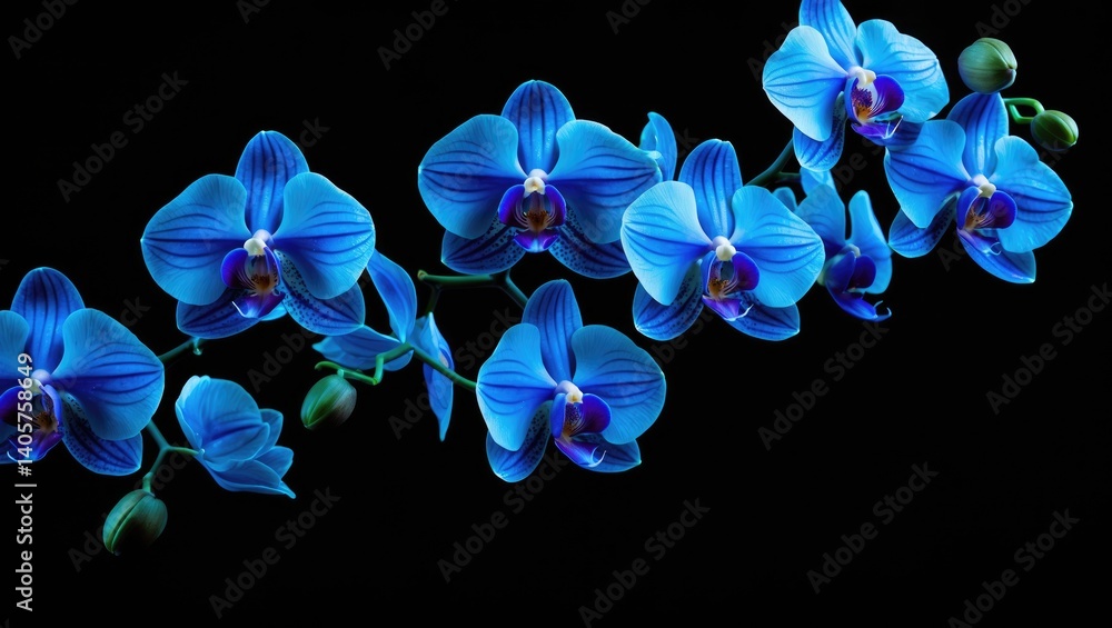 Poster colored orchids on a dark backdrop with empty space