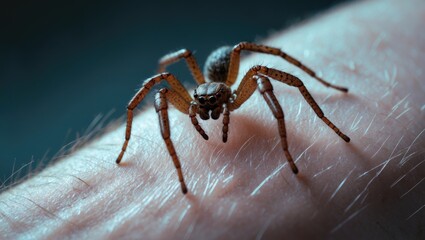 Human skin with a brown spider moving, spider bite.