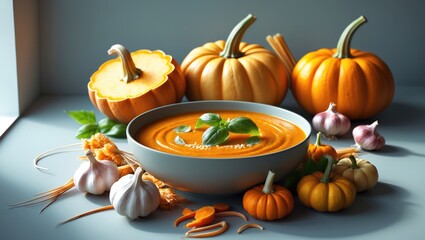 Seasonal roasted pumpkin and carrot soup with ingredients on a table, food and drink still life, diet and nutrition theme, cozy background, top view flat lay