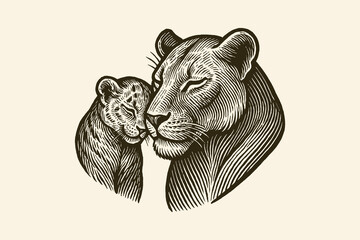 Engraved lioness and cub —  design symbolizing motherhood