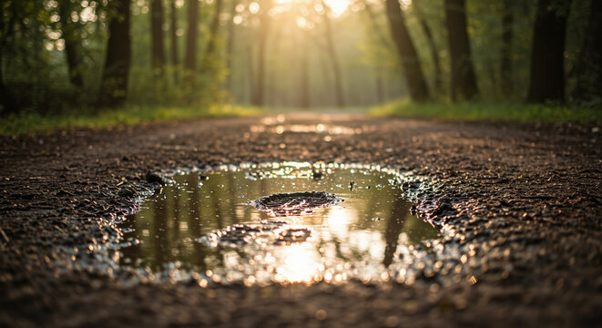 Rain boot tracks reflected in a puddle on a forest path, illuminated by soft morning sunlight, tranquil nature scene, copy space