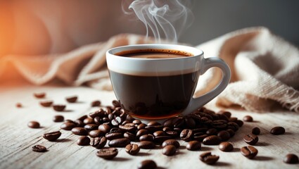 Fototapeta premium Coffee cup alongside coffee beans on a tabletop
