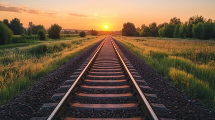 Fototapeta premium Sunset Railroad Tracks Journey, Rural Landscape