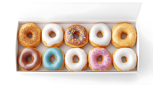 Variety of colorful donuts in a white box. Sweet treats arranged neatly, ready to be enjoyed