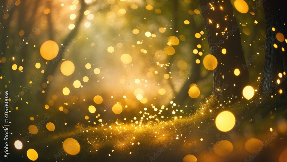 Poster abstract image of light explosion surrounded by trees and sparkling lights