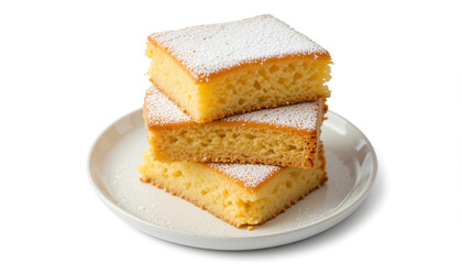 Close-up of gooey butter cake slices on white plate – moist, fluffy, powdered sugar dessert.