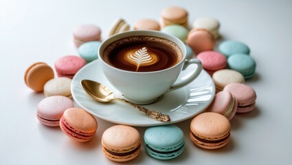 Macaroons and coffee in shades of brown
