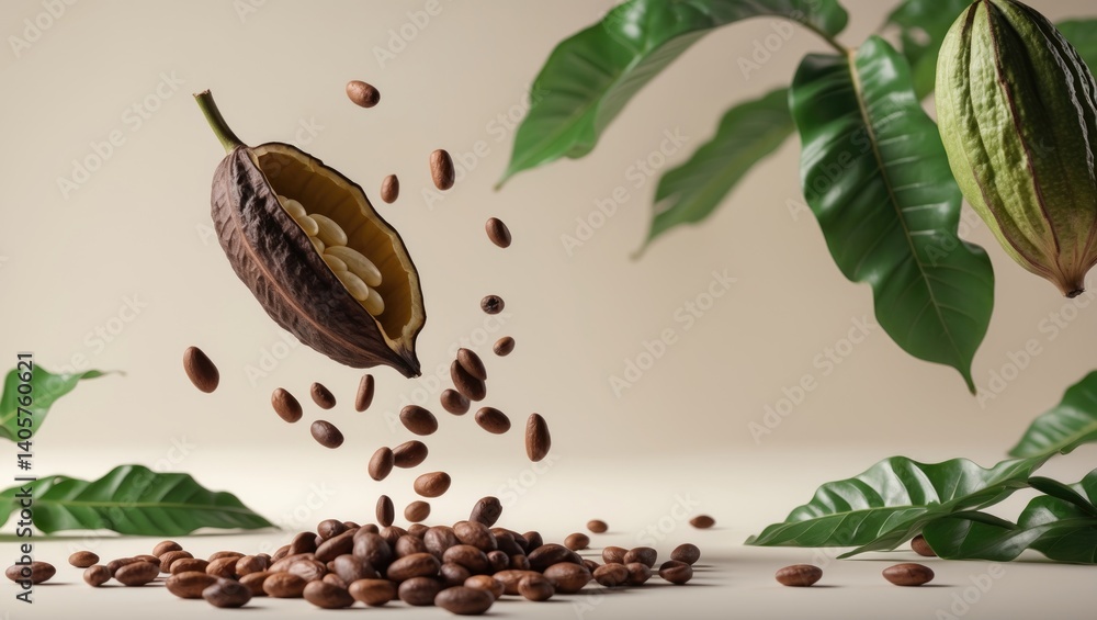 Poster cocoa pod soaring in the sky. both cracked and intact cocoa pod and beans float. concept of levitati