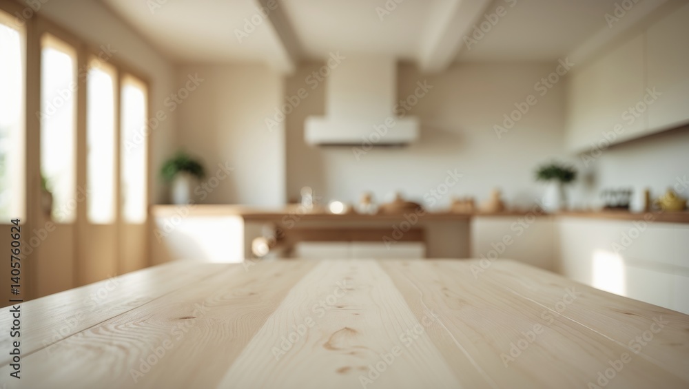 Poster empty wooden table with blurred background and bright clean light in the foreground for product disp