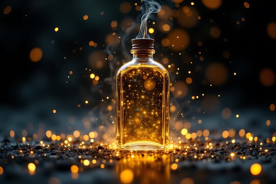 The bottle should have no label, no text, no logo, and no images or decorative elements on it Golden elixir bottle with star particles and cosmic galaxy background, magical elixir vibe