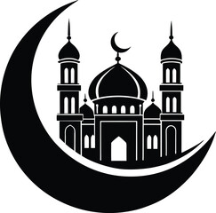 Moon with Mosque Silhouette Vector | Islamic, Ramadan & Religious Night Scene
