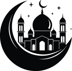 Moon with Mosque Silhouette Vector | Islamic, Ramadan & Religious Night Scene