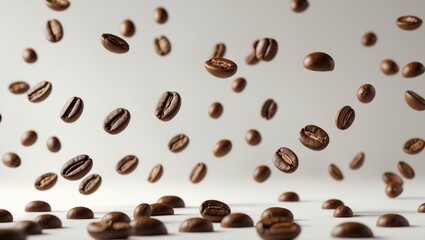 Obraz premium Falling black espresso grains on a flying coffee bean background. Rustic coffee beans tumble against the backdrop. Represents energy, breakfast, freshness, or aromatic concepts.