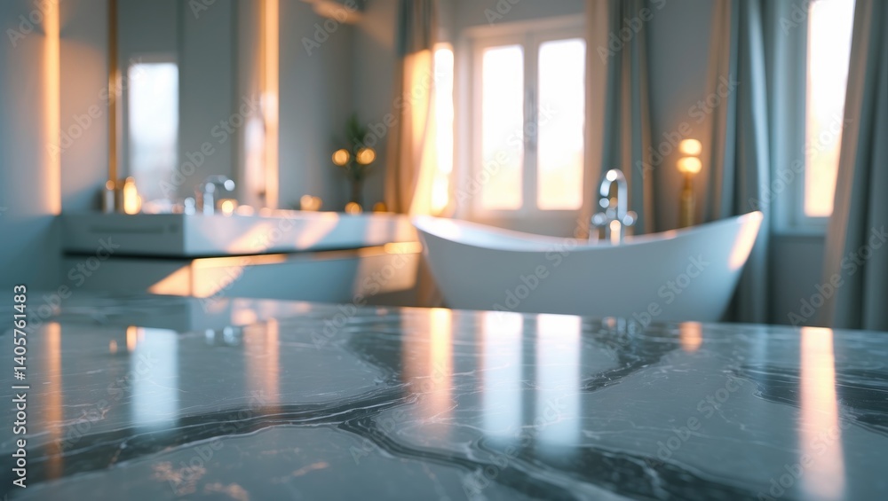 Poster marble top table devoid of items with a blurred interior background for product presentation.