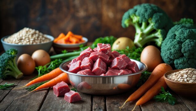Bowl of diced raw meat for a dog or cat placed on a rustic wooden floor with fresh vegetables around