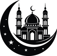 Moon with Mosque Silhouette Vector | Islamic, Ramadan & Religious Night Scene