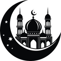 Moon with Mosque Silhouette Vector | Islamic, Ramadan & Religious Night Scene