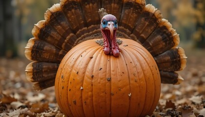 Turkey Hiding in Pumpkin – Funny Thanksgiving Survival Concept | Cartoon of a sneaky turkey hiding inside a pumpkin to avoid being eaten, perfect for Thanksgiving greeting cards or humorous content